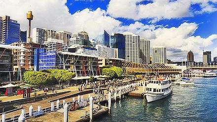 Boats docked on the pier at Darling Harbour in Sydney, Australia