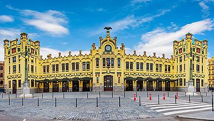 The frontal view of the Central station in Valencia, Spain
