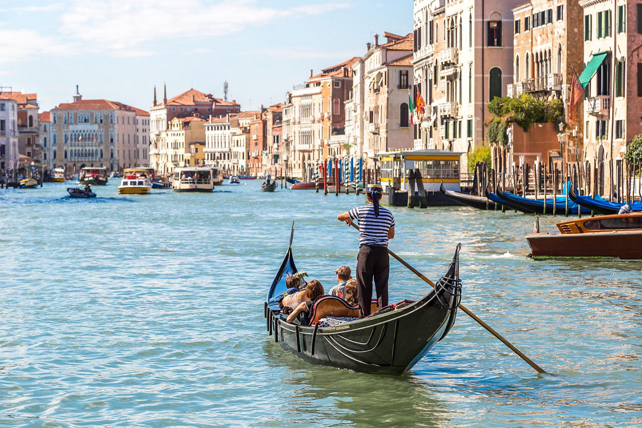 A group riding in a gondola in Venice, Italy