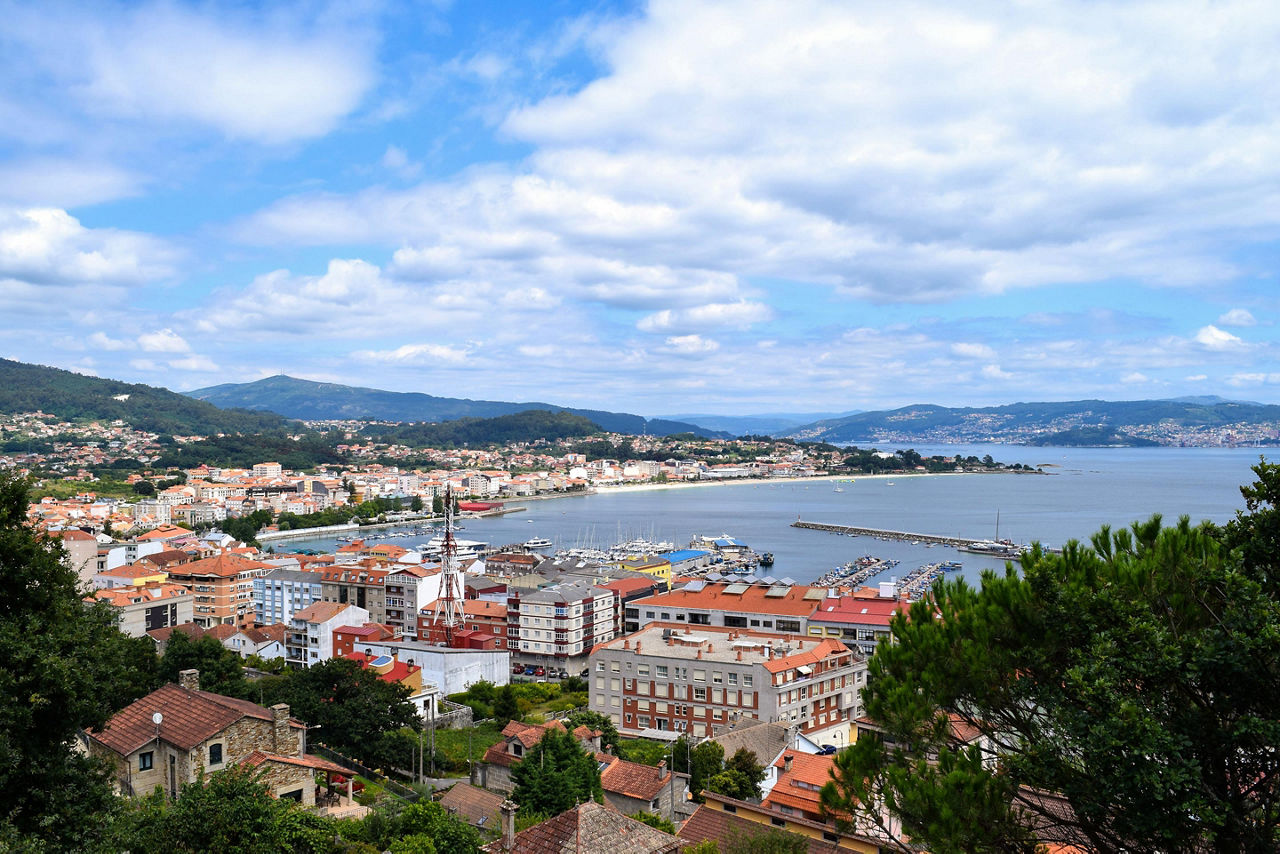 Hilltop city view of Cangas on the Bay of Vigo, Spain