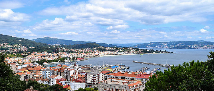 Hilltop city view of Cangas on the Bay of Vigo, Spain