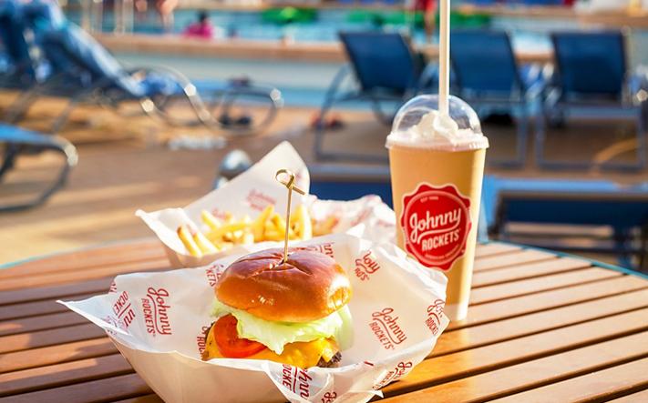 Hamburger, Fries and Milkshake by the Pool