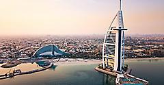 Aerial view of skyline and Burj Al Arab hotel. Dubai.
