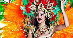 woman wearing an orange Brazilian samba costume for Carnival. Brazil.