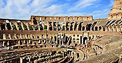 View of the inside of the Roman Colosseum & gladiator’s area. Rome, Italy.
