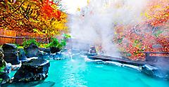 Japanese hot springs surrounded by fall leaves fall in Yamagata. Japan