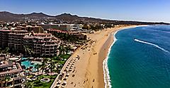 Drone View of the Villa Group of Hotels on Medano Beach, Cabo San Lucas, Mexico