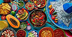 Mexican Food Mix Colorful Background Mexico and Sombrero, Mexico