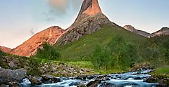 Water Flowing alongside the Stetind Mountain in Norway's National Park. Norway.