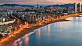 Aerial view of Barcelona beach and city during sunrise. Spain.