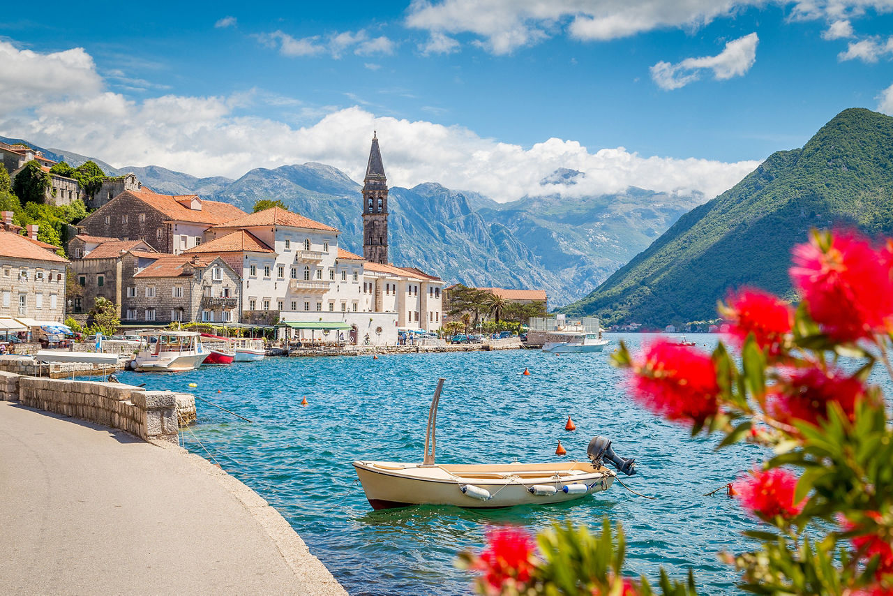 Scenic panorama view of the historic town of Perast at famous Bay of Kotor 