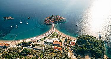 Aerial view to the island of Sveti Stefan in Kotor Bay. Montenegro