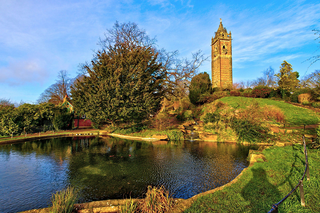 View of the Cabot Tower in Bristol, UK, from the Brandon Hill park