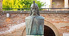 A bust of Vlad Tepes, Vlad the Impaler, the inspiration for Dracula, in the Old Princely Court, Curtea Veche, in Bucharest, Romania