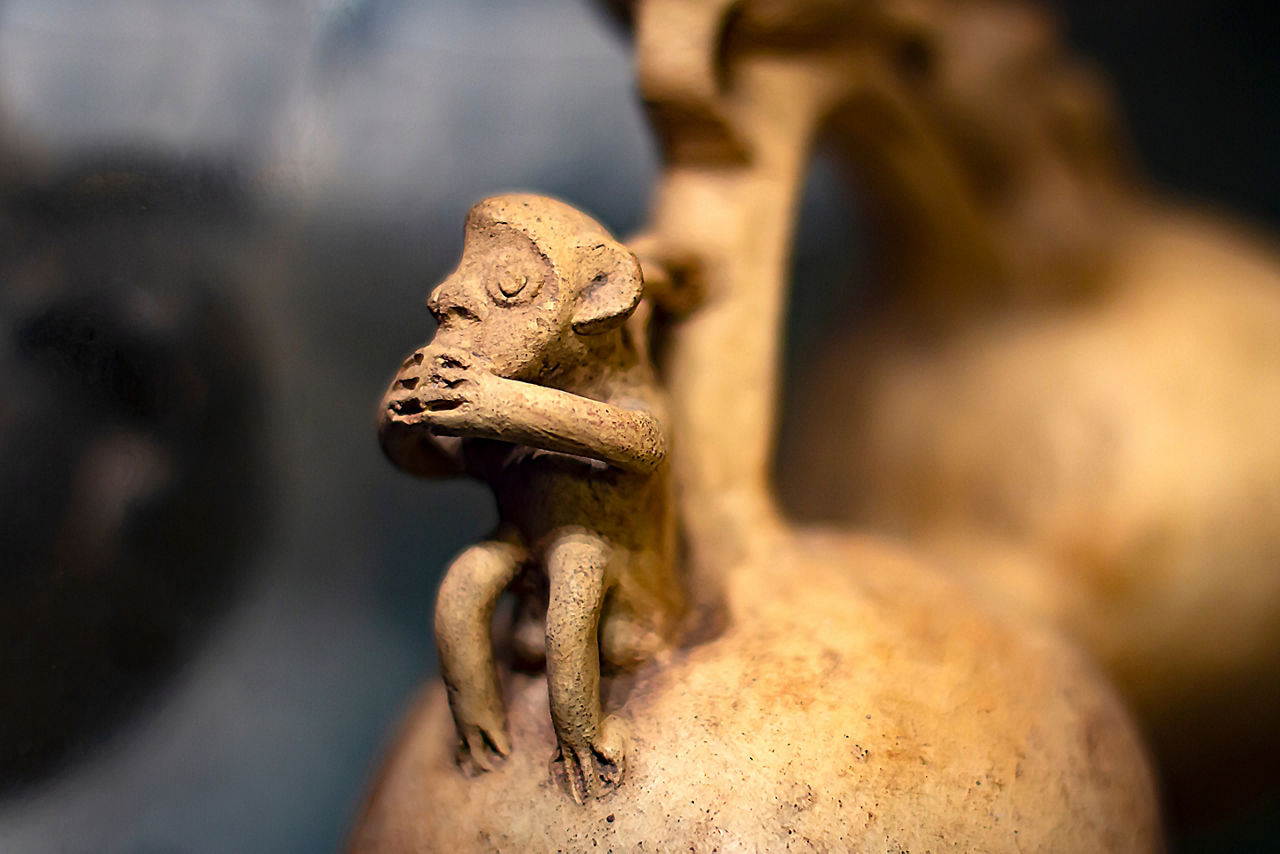 Pre-Incan monkey ceramics called huacos hail from the Peruvian culture of Chancay.