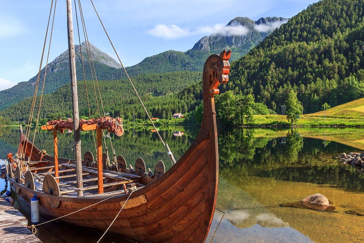 Old viking boats replica in a norwegian landscape, Norway.