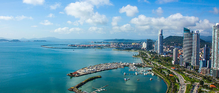 An aerial view of the coast of Panama City, Panama