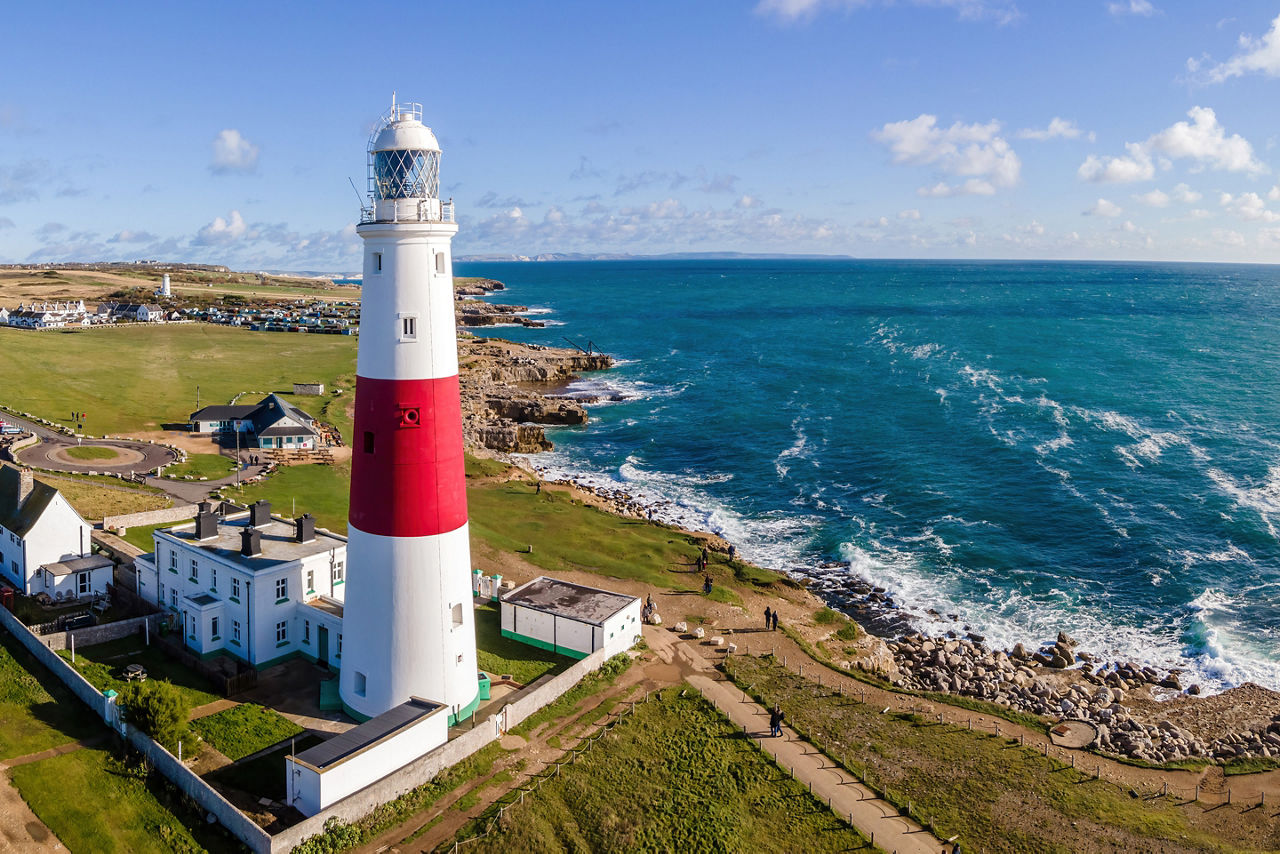 Aerial view of Portland Bill Lighthouse