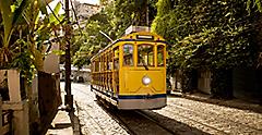 Old yellow tram in Santa Teresa district in Rio de Janeiro, Brazil