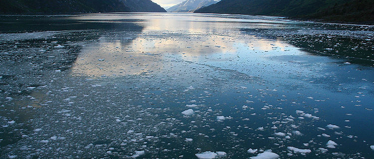 Abstract, brash ice forming at sundown in calm glacier bay, Strait of Magellan, Patagonia, Chile
