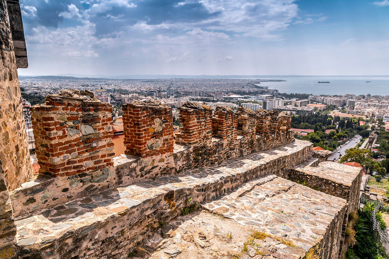 Aerial view of Thessaloniki from the ancient walls of the castle and Trigonion Tower