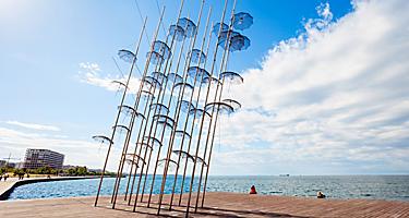 The sculpture Umbrellas by George Zongolopoulos are located at the New Beach in Thessaloniki, Greece