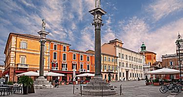 Famous town square Piazza del Popolo with historic Palazzetto Veneziano in the historic city center of Ravenna, Emilia-Romagna, Italy