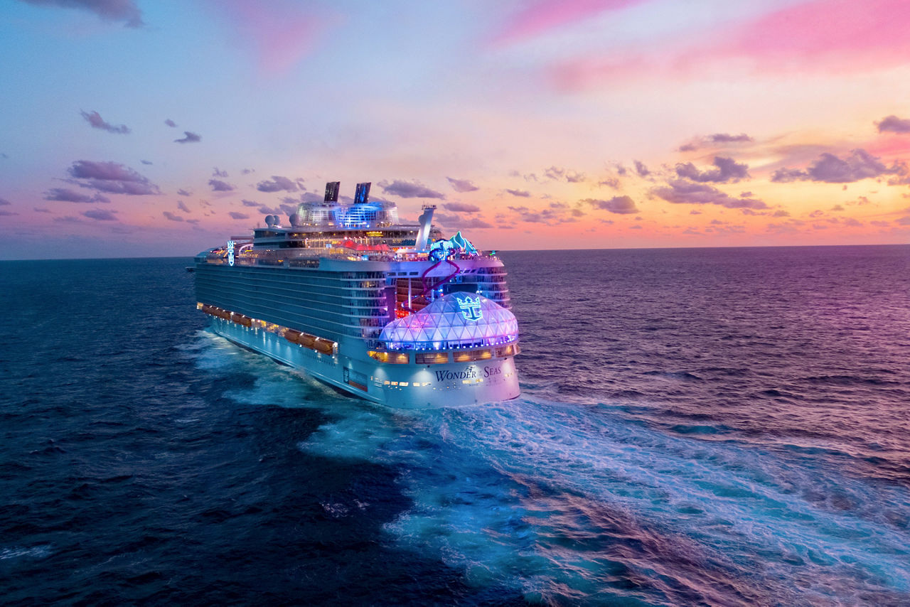 Aerial view of Wonder of the Seas at Sunset