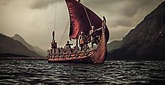 Group of Vikings sailing. Transatlantic