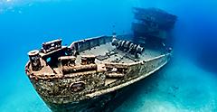 Large artificial reef made from the underwater shipwreck of the USS Kittiwake. The Caribbean.